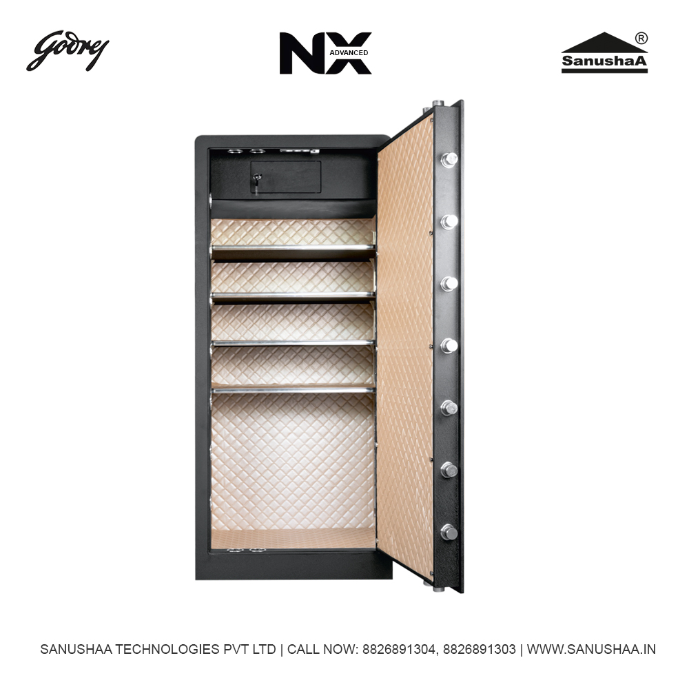 Godrej NX Advanced Locker in a modern living room, bathed in the warm glow of the LED light.